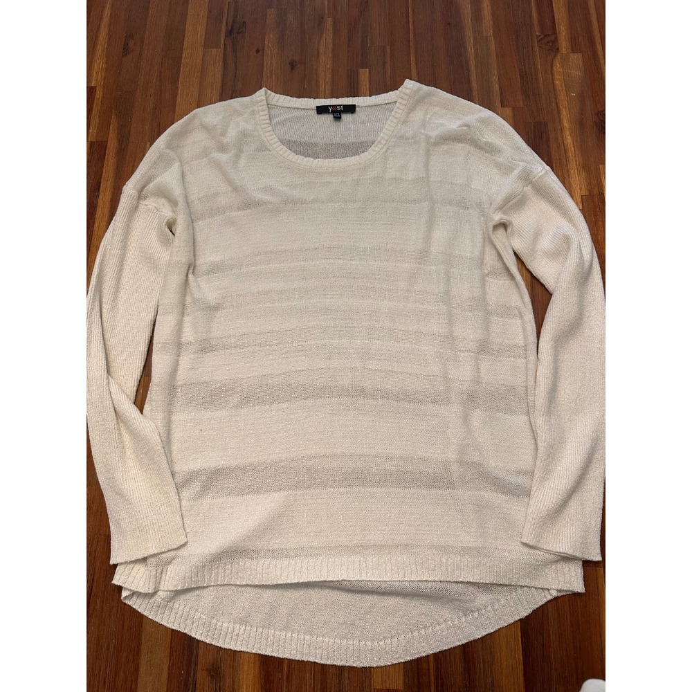 Yest Sweater Womens 6 Cream Excellent Sheer Stripe High Low Knit Drop Shoulder